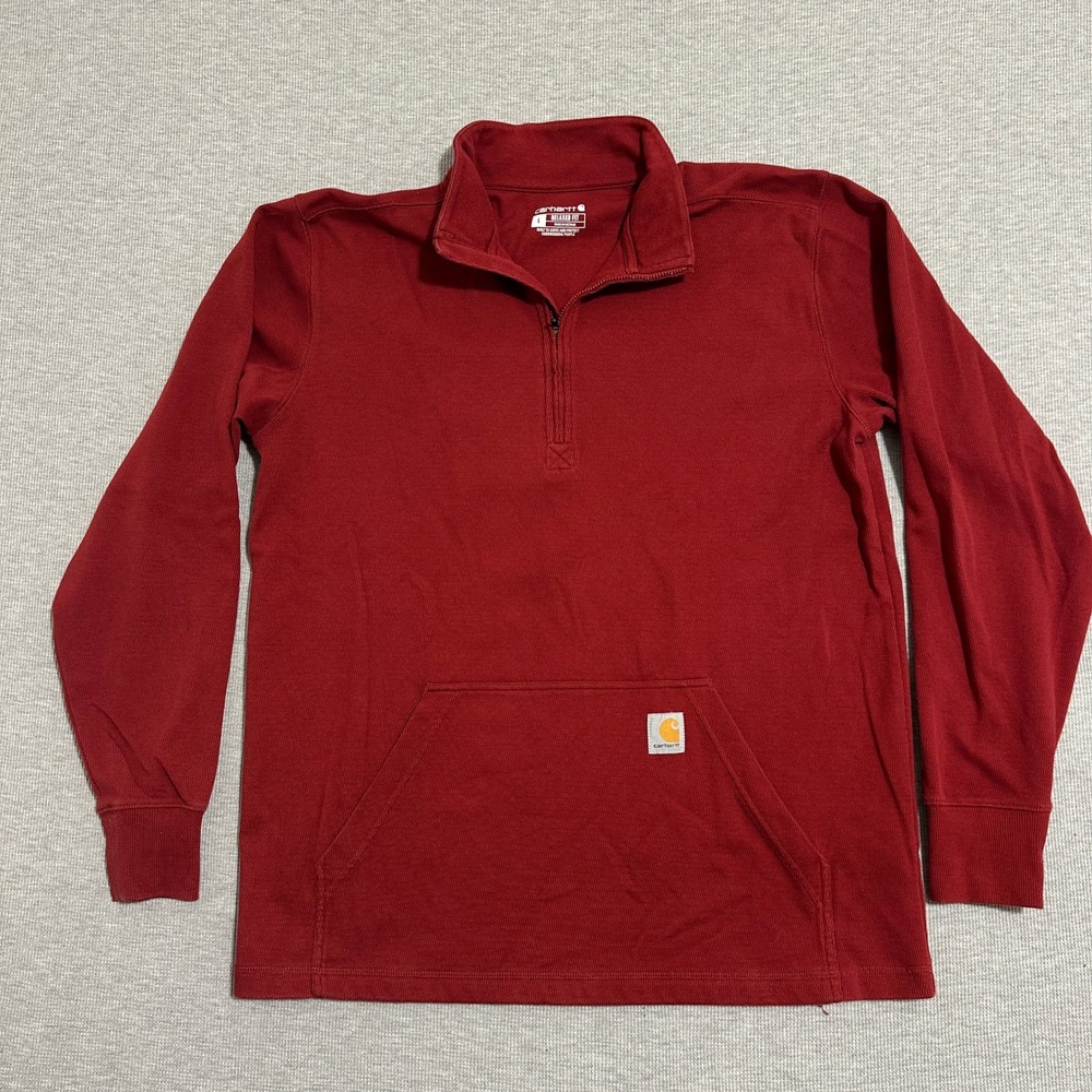 Carhartt Mens Large Relaxed Fit Quarter Zip Thermal Pullover Red Kangaroo Pocket
